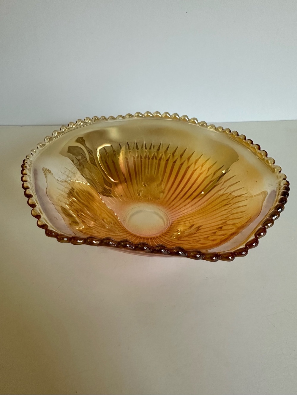 VTG Jeannette Marigold Iridescent Carnival Glass Footed Bowl Scalloped Bead Trim